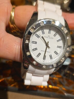 Anne Klein White and Silver Crystal-Accent Women's Watch